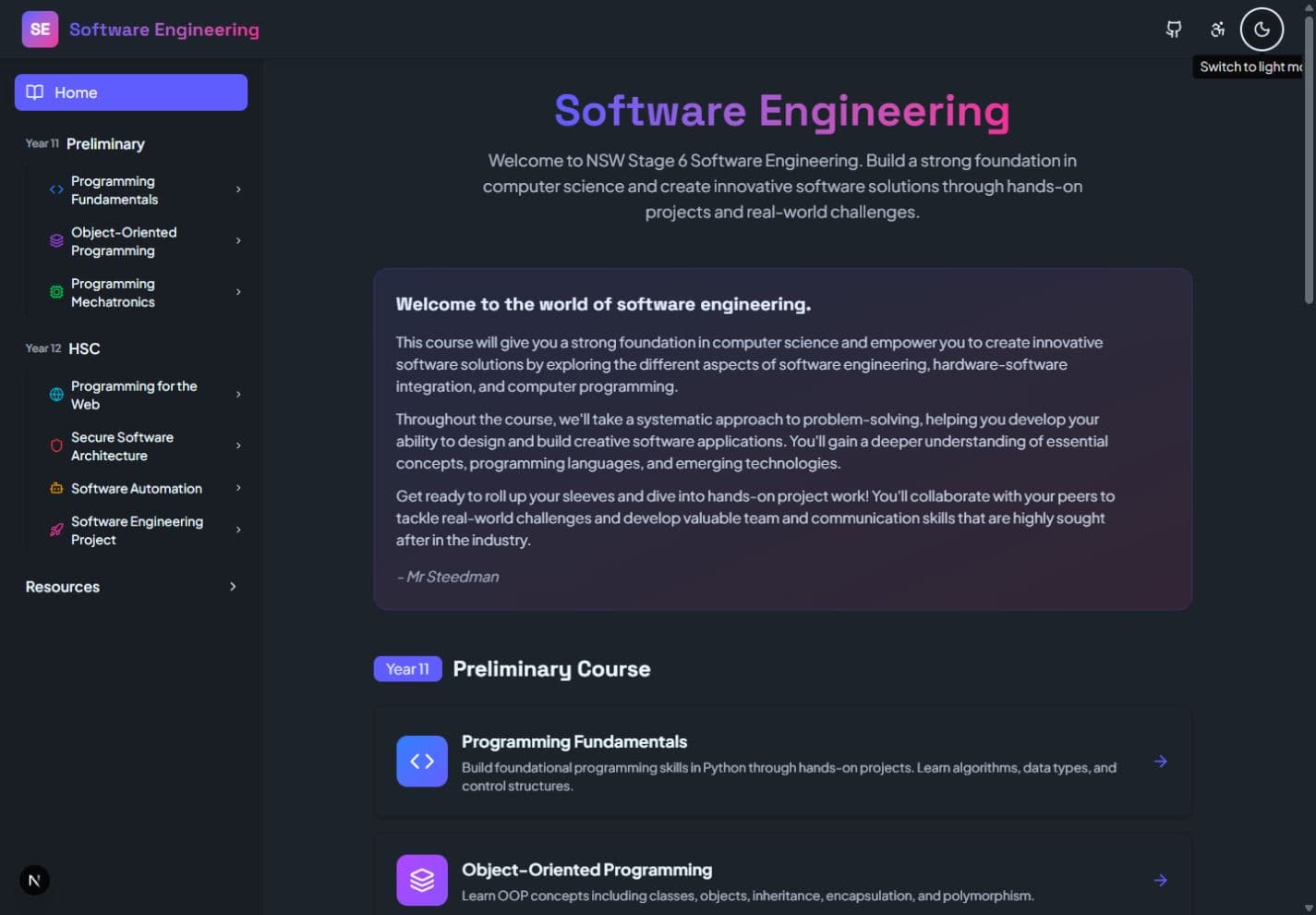 Dark mode home screen of the complete Stage 6 Software Engineering course